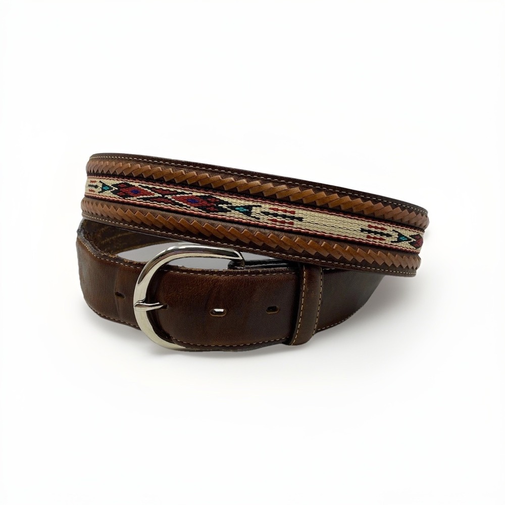 Vtg Silver Creek Belt Mens 46 Brown Leather Woven Native Embroidery Southwestern